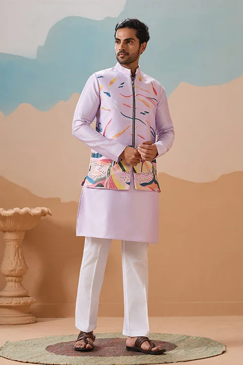 Lavender Wedding Carnival Koti Kurta Set for Mens
