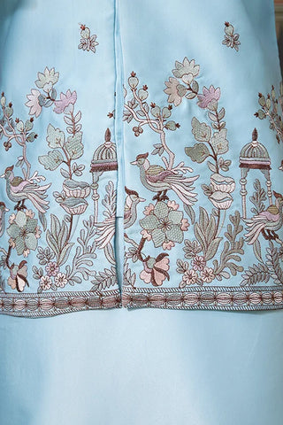 Sky Blue Embroidered Silk Koti Kurta Set for Mens