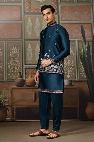 Traditional Teal Blue Koti Kurta Set for Mens Wear