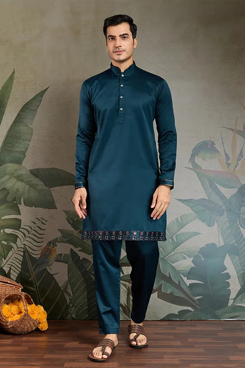 Teal Blue Embroidered Kurta Koti Set for Men