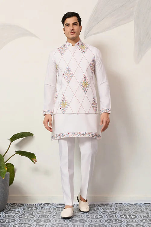 Elegant Wedding Special White Koti Kurta Pajama Set