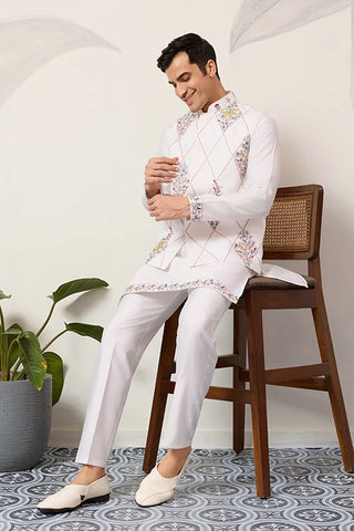 Elegant Wedding Special White Koti Kurta Pajama Set