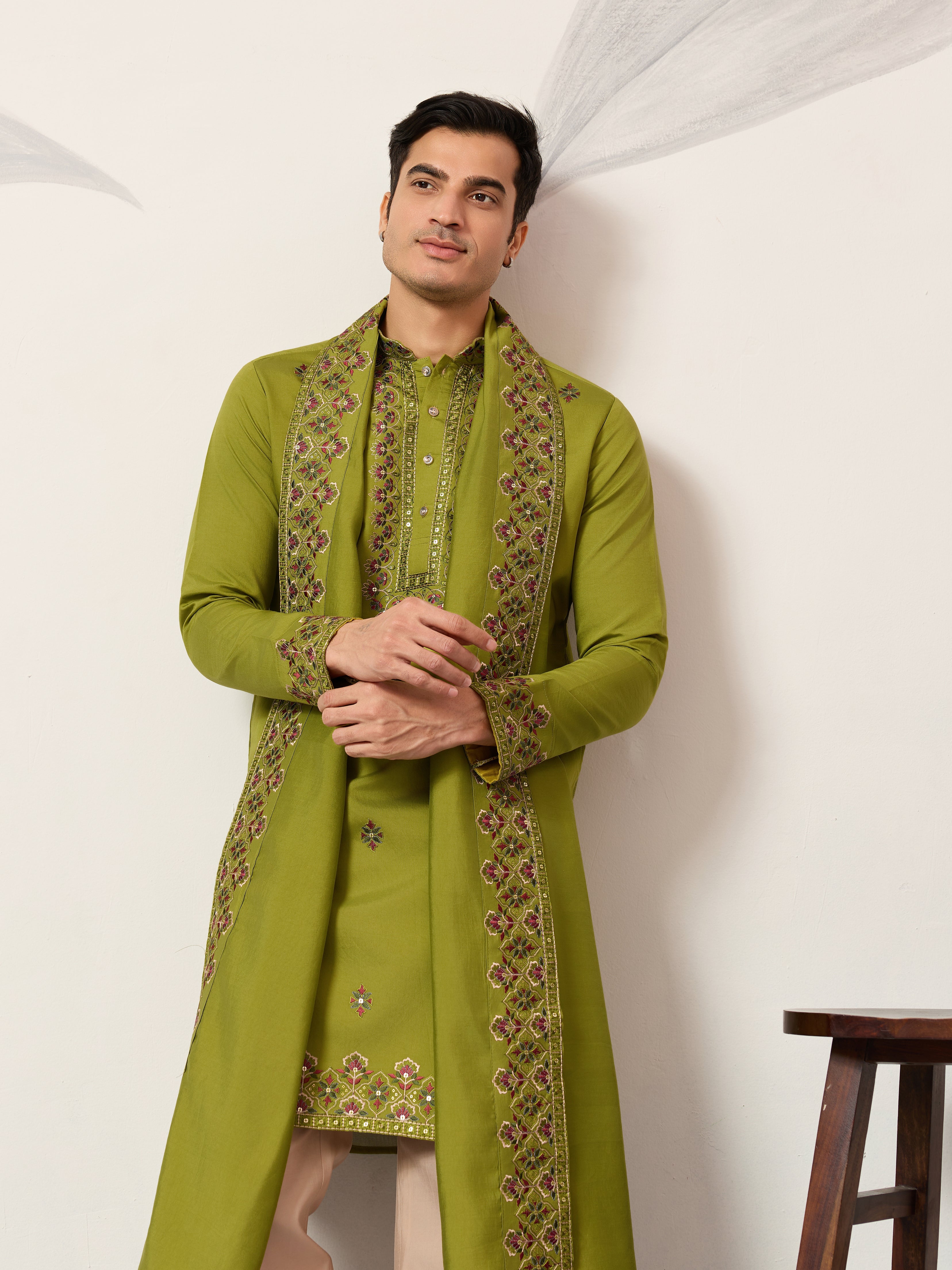 Classic Wedding Fluorescent Green Mens Wear Kurta with Dupatta
