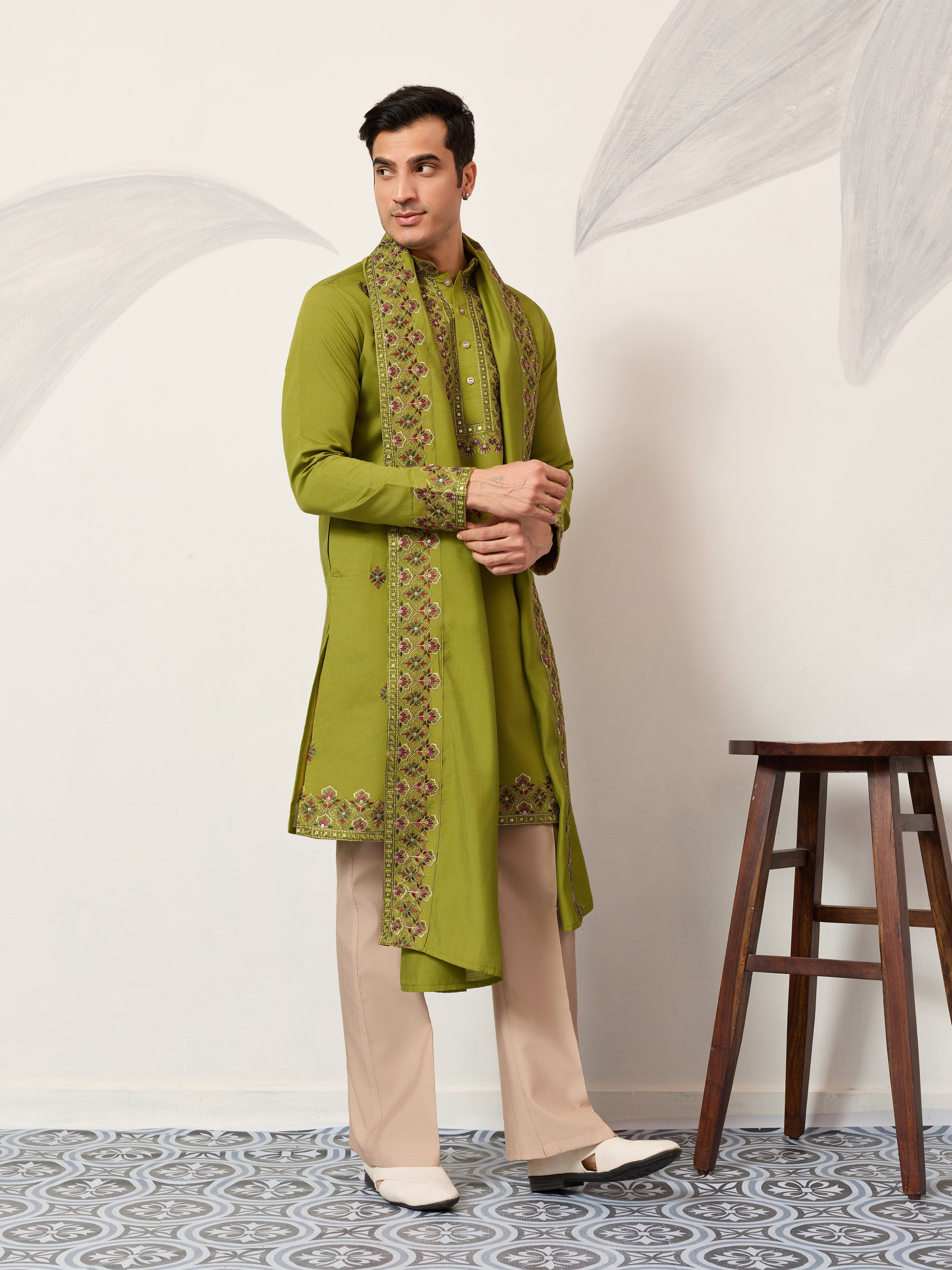 Classic Wedding Fluorescent Green Mens Wear Kurta with Dupatta