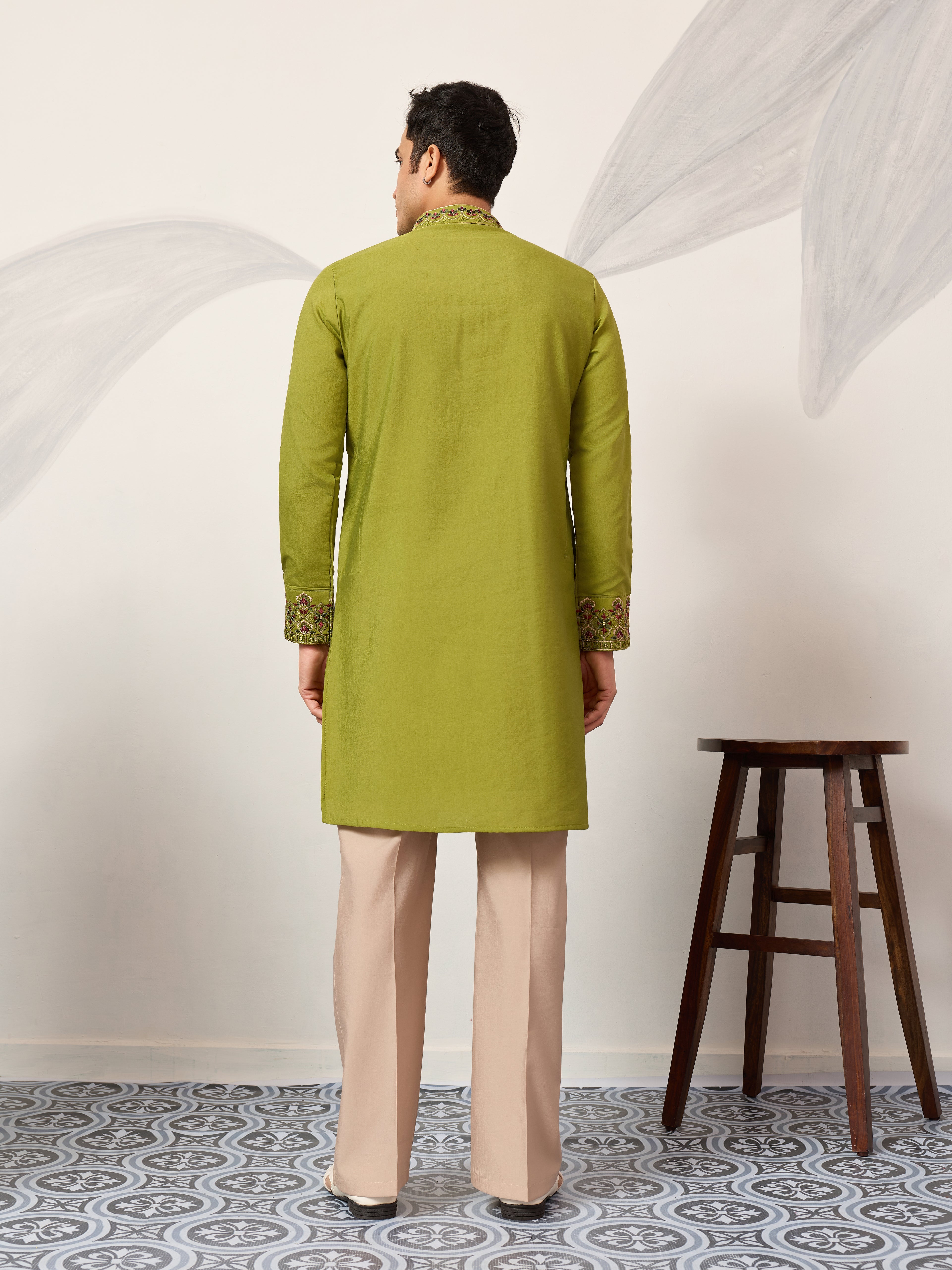 Classic Wedding Fluorescent Green Mens Wear Kurta with Dupatta
