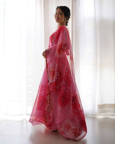 New Party Wear Look Organza Taby Silk Gown With Dupatta Red