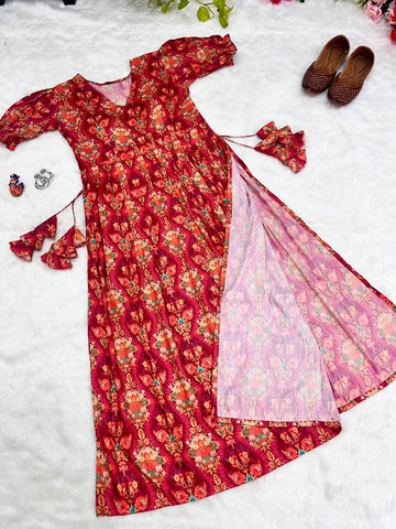 SOFT PRINTED MUSLIN ALIACUT KURTI, FANCY PUFF SLEEVE , SIDE WAIST FANCY FANCY FUMKA , SAID FULL CUT