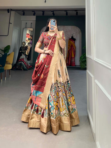 Designer Kalamkari Printed Dola Silk Lehenga Choli