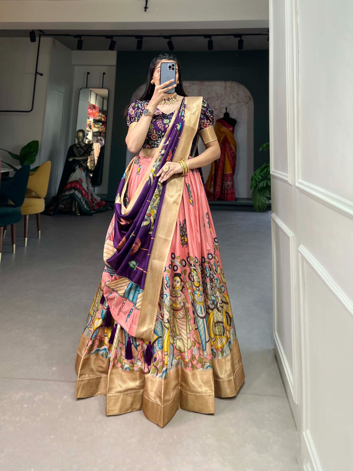 Designer Kalamkari Printed Dola Silk Lehenga Choli