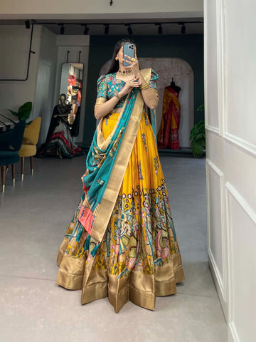 Designer Kalamkari Printed Dola Silk Lehenga Choli