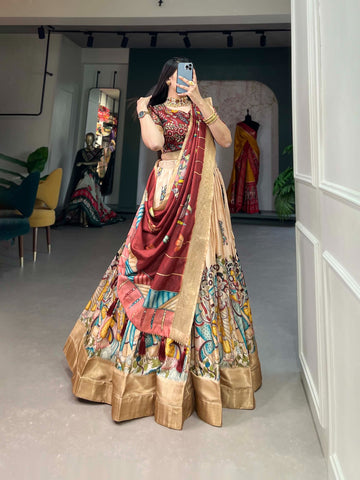 Designer Kalamkari Printed Dola Silk Lehenga Choli