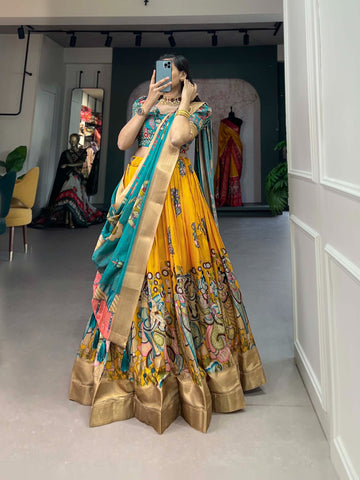 Designer Kalamkari Printed Dola Silk Lehenga Choli