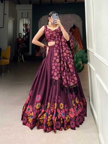 Tussar Silk Floral Print Wedding Lehenga Choli For Woman