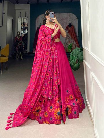 Tussar Silk Floral Print Wedding Lehenga Choli For Woman