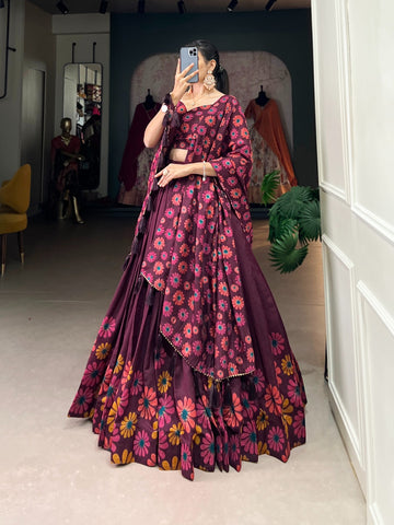 Tussar Silk Floral Print Wedding Lehenga Choli For Woman