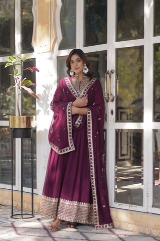 Premium  Designer Sequins Embroidered Work Stylish Gown With Dupatta Set