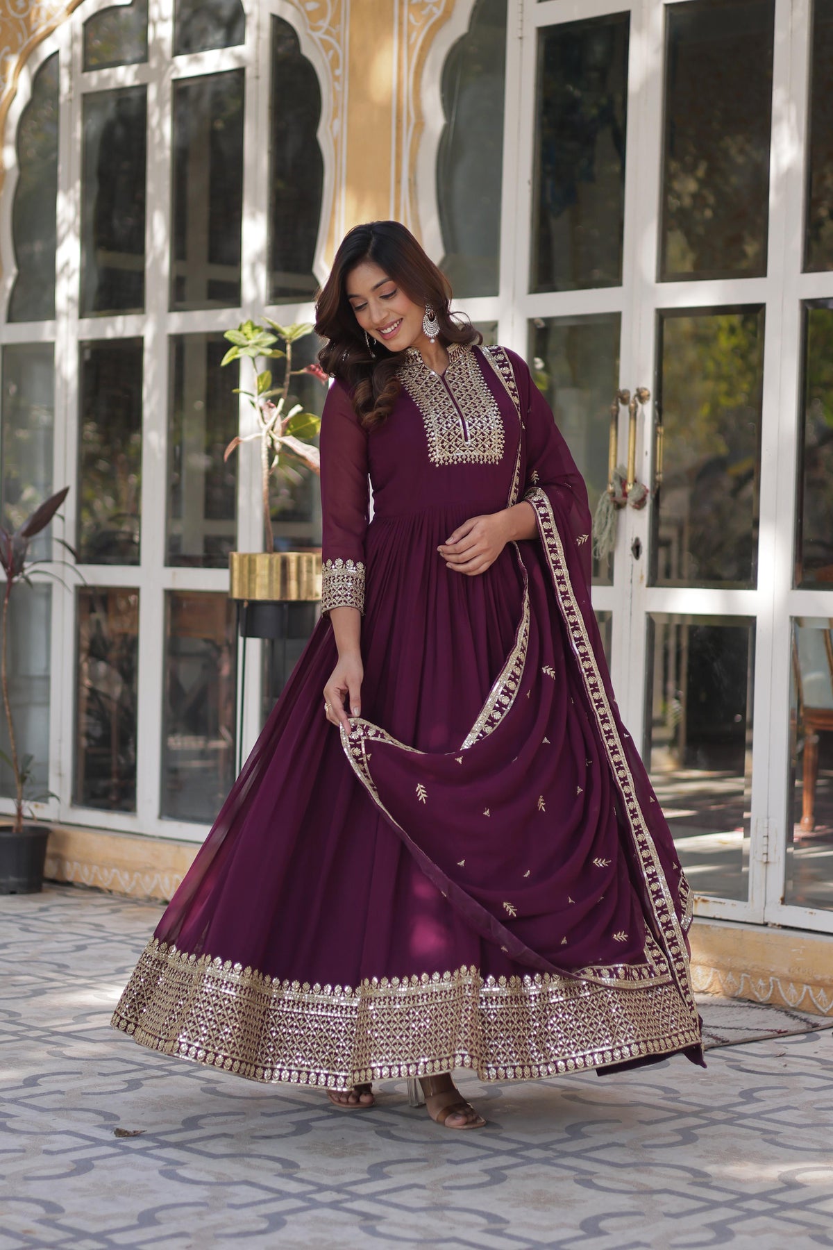 Premium  Designer Sequins Embroidered Work Stylish Gown With Dupatta Set