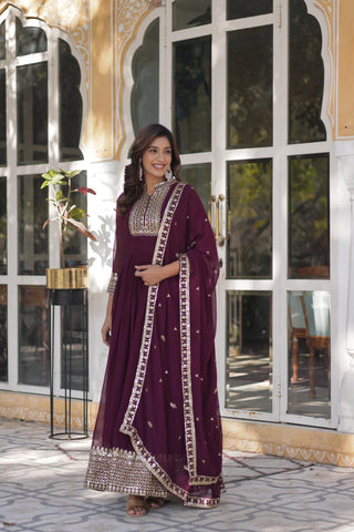 Premium  Designer Sequins Embroidered Work Stylish Gown With Dupatta Set