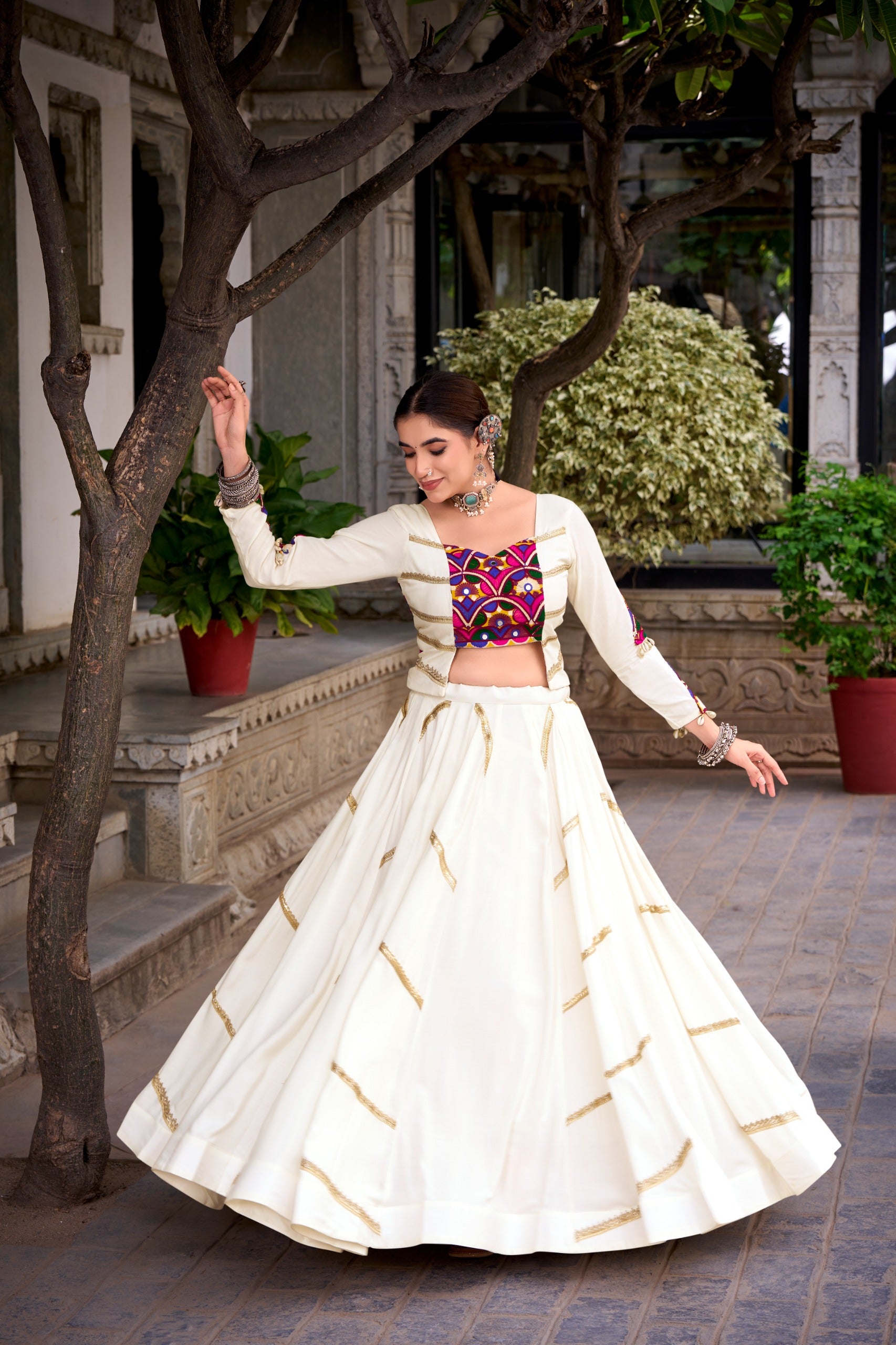Elevate Navratri Style Original Mirror Gamthi Work With Sequins Lace Touch Up Lehenga Choli