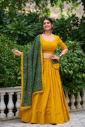 Navratri Mustard Cotton Mirror Work Lehenga Set | Tulip Designer