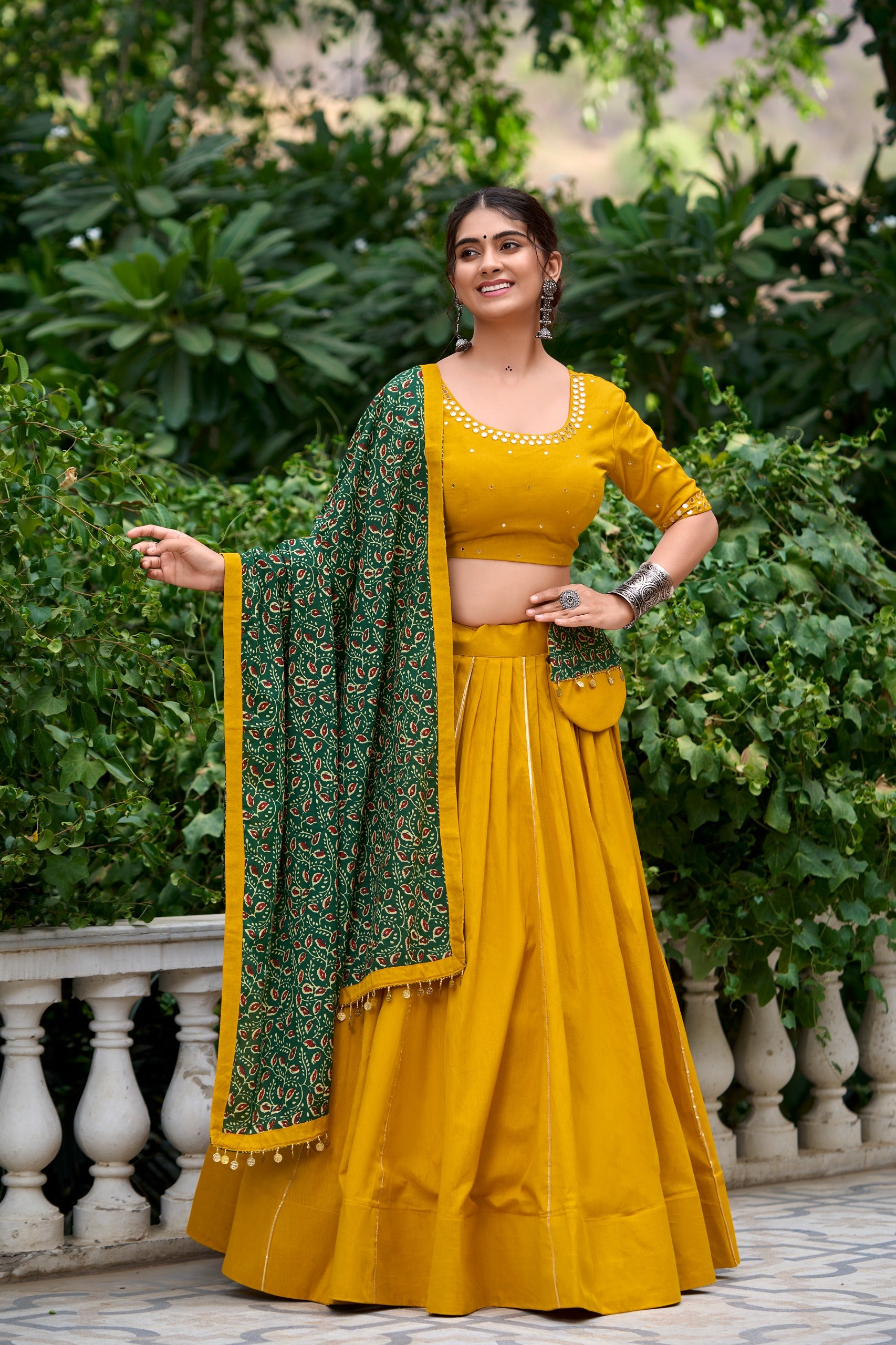 Navratri Mustard Cotton Mirror Work Lehenga Set | Tulip Designer