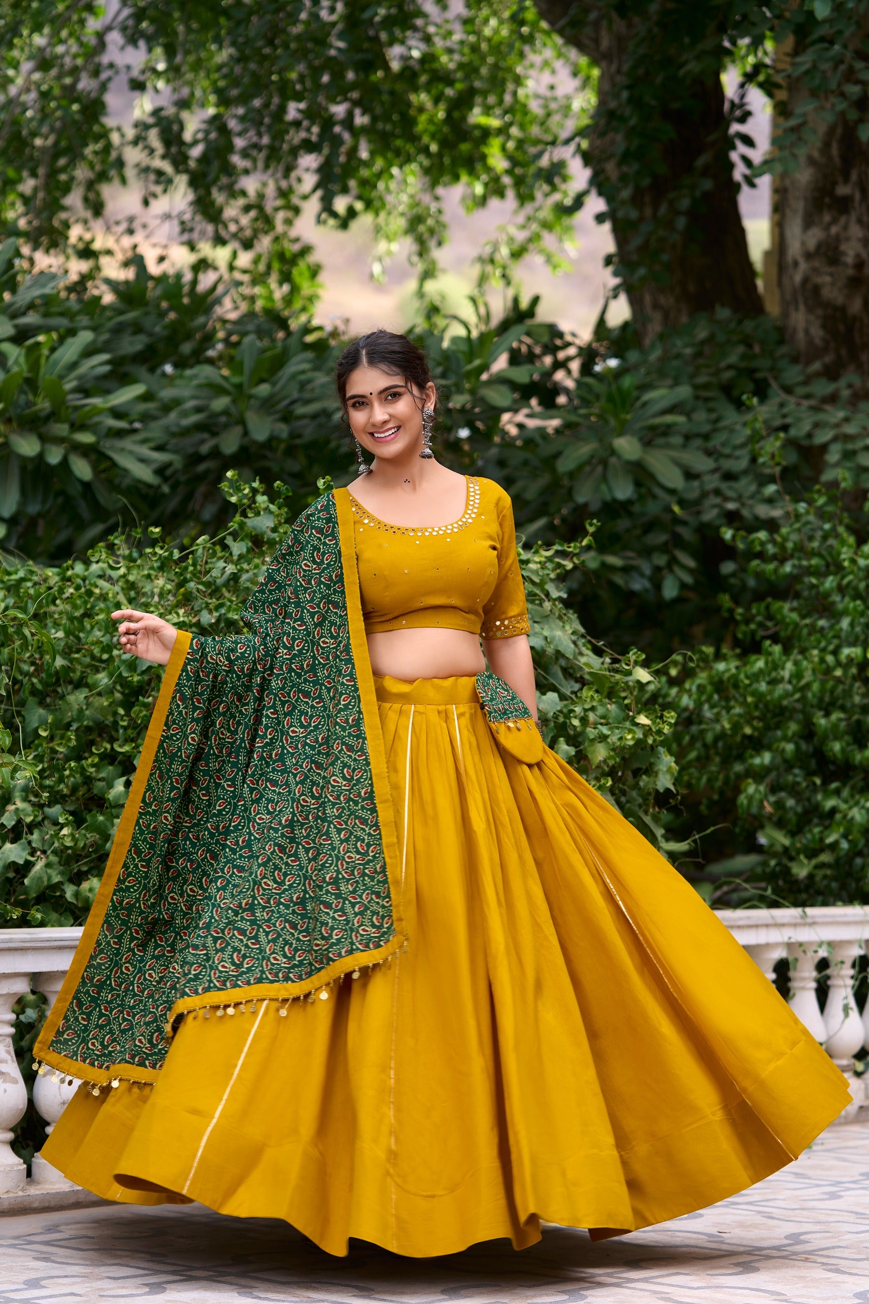 Navratri Mustard Cotton Mirror Work Lehenga Set | Tulip Designer