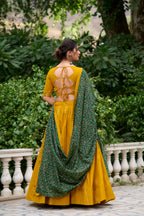 Navratri Mustard Cotton Mirror Work Lehenga Set | Tulip Designer