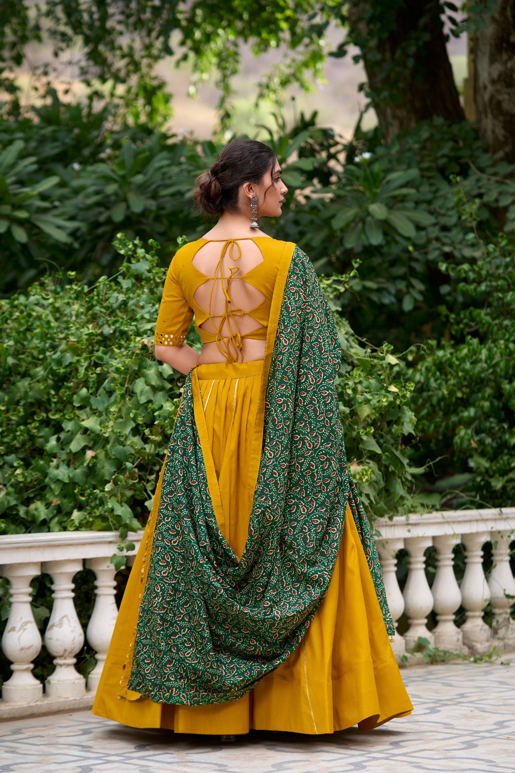 Navratri Mustard Cotton Mirror Work Lehenga Set | Tulip Designer