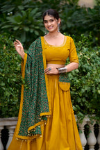 Navratri Mustard Cotton Mirror Work Lehenga Set | Tulip Designer