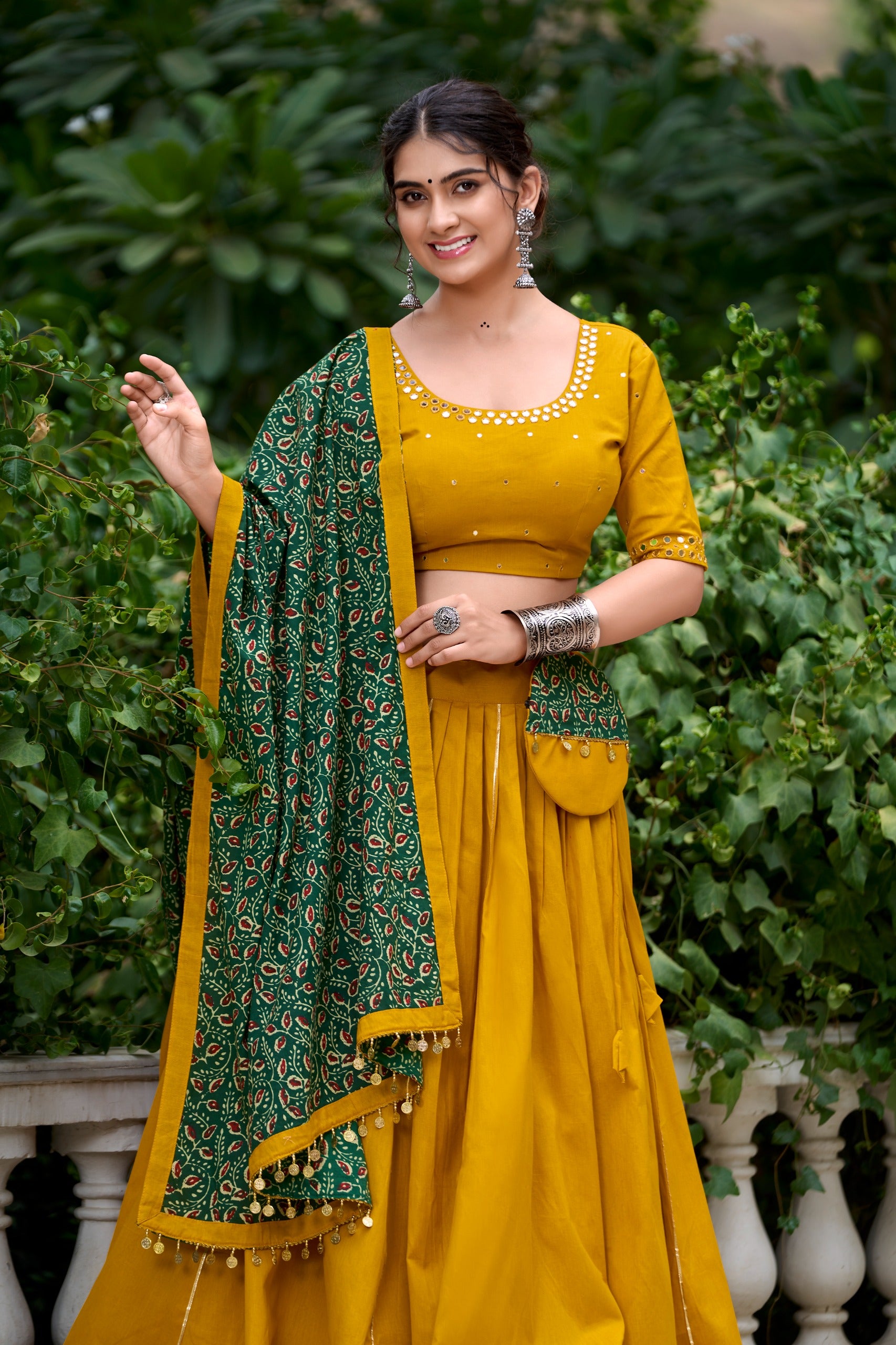 Navratri Mustard Cotton Mirror Work Lehenga Set | Tulip Designer