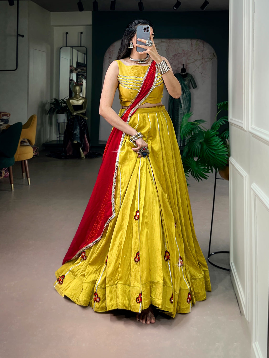Vibrant Yellow Chanderi Gamthi Lehenga Set | Tulip Designer