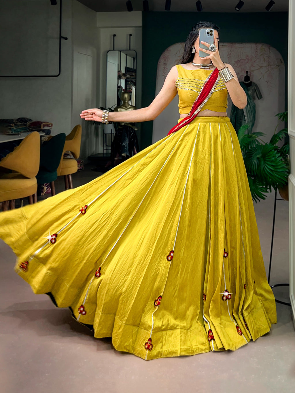 Vibrant Yellow Chanderi Gamthi Lehenga Set | Tulip Designer