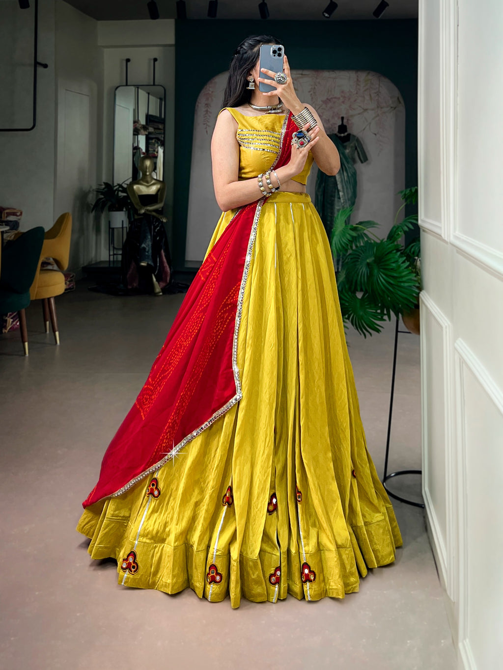 Vibrant Yellow Chanderi Gamthi Lehenga Set | Tulip Designer