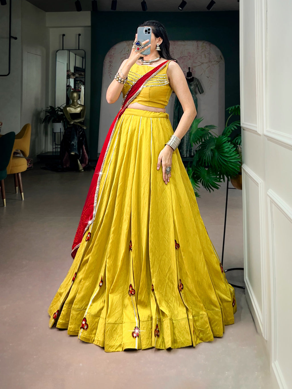Vibrant Yellow Chanderi Gamthi Lehenga Set | Tulip Designer