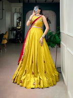 Vibrant Yellow Chanderi Gamthi Lehenga Set | Tulip Designer