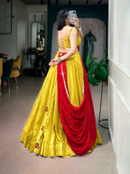 Vibrant Yellow Chanderi Gamthi Lehenga Set | Tulip Designer