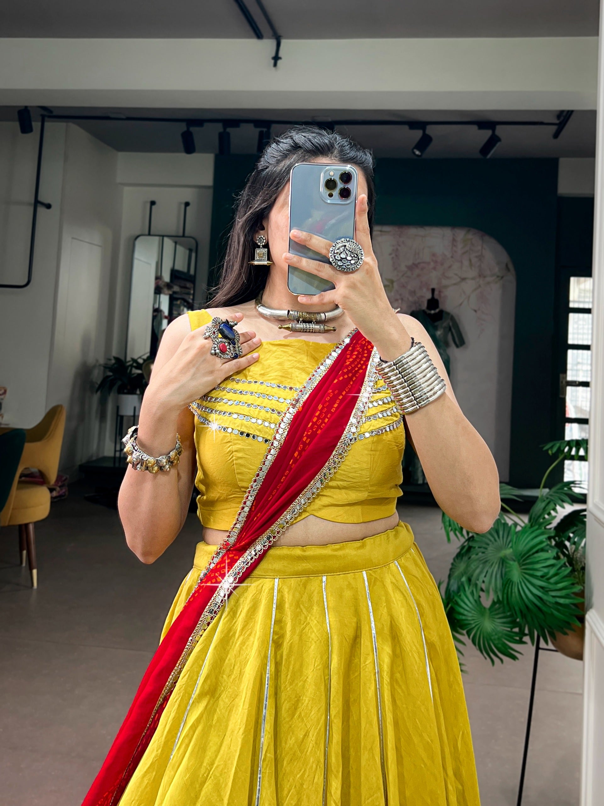 Vibrant Yellow Chanderi Gamthi Lehenga Set | Tulip Designer