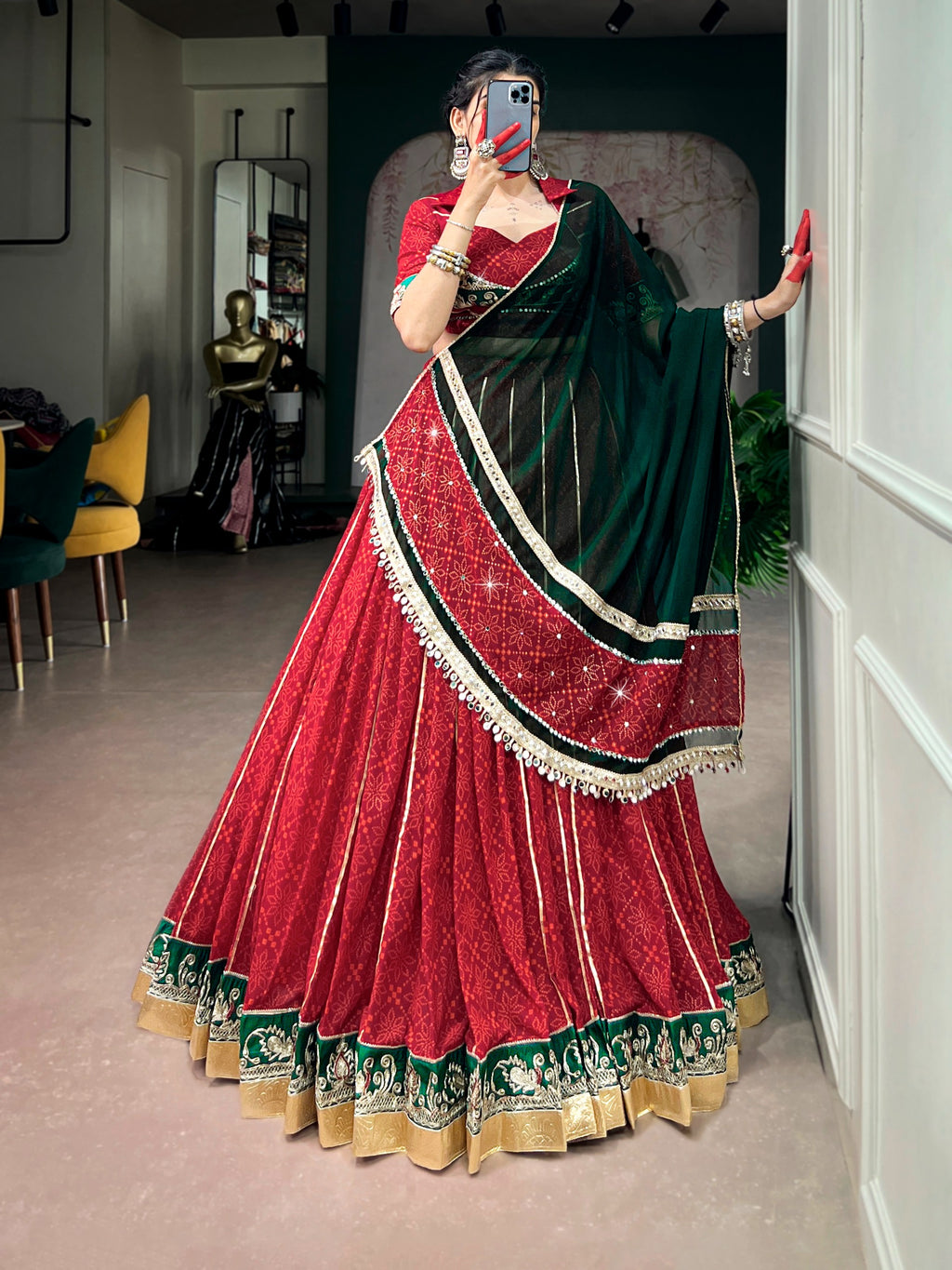 Red Georgette Bandhej Print Lehenga Set | Tulip Designer