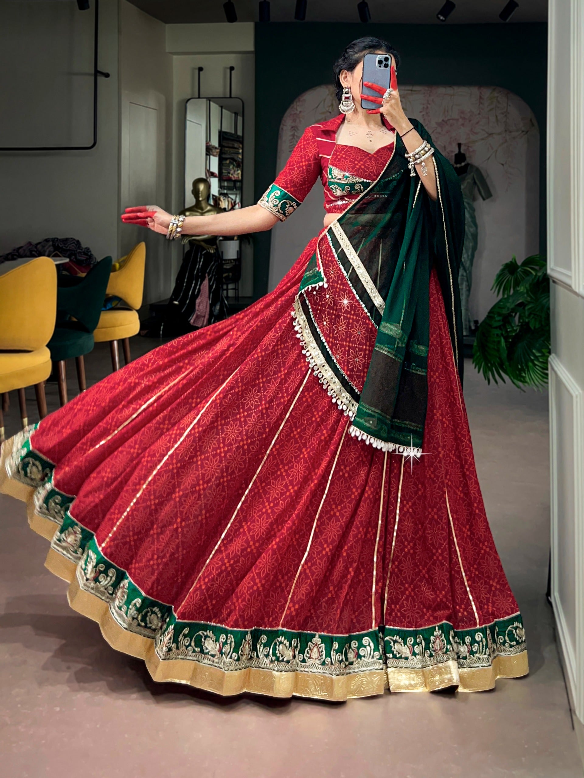 Red Georgette Bandhej Print Lehenga Set | Tulip Designer