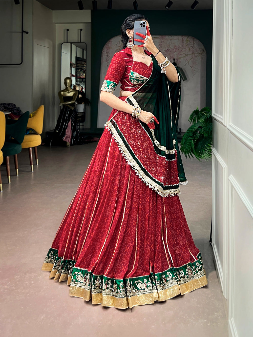 Red Georgette Bandhej Print Lehenga Set | Tulip Designer