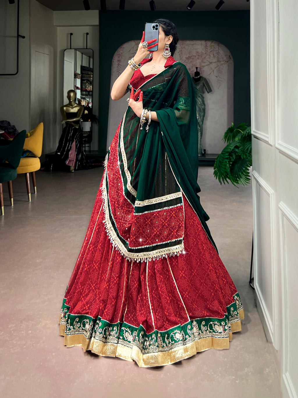 Red Georgette Bandhej Print Lehenga Set | Tulip Designer