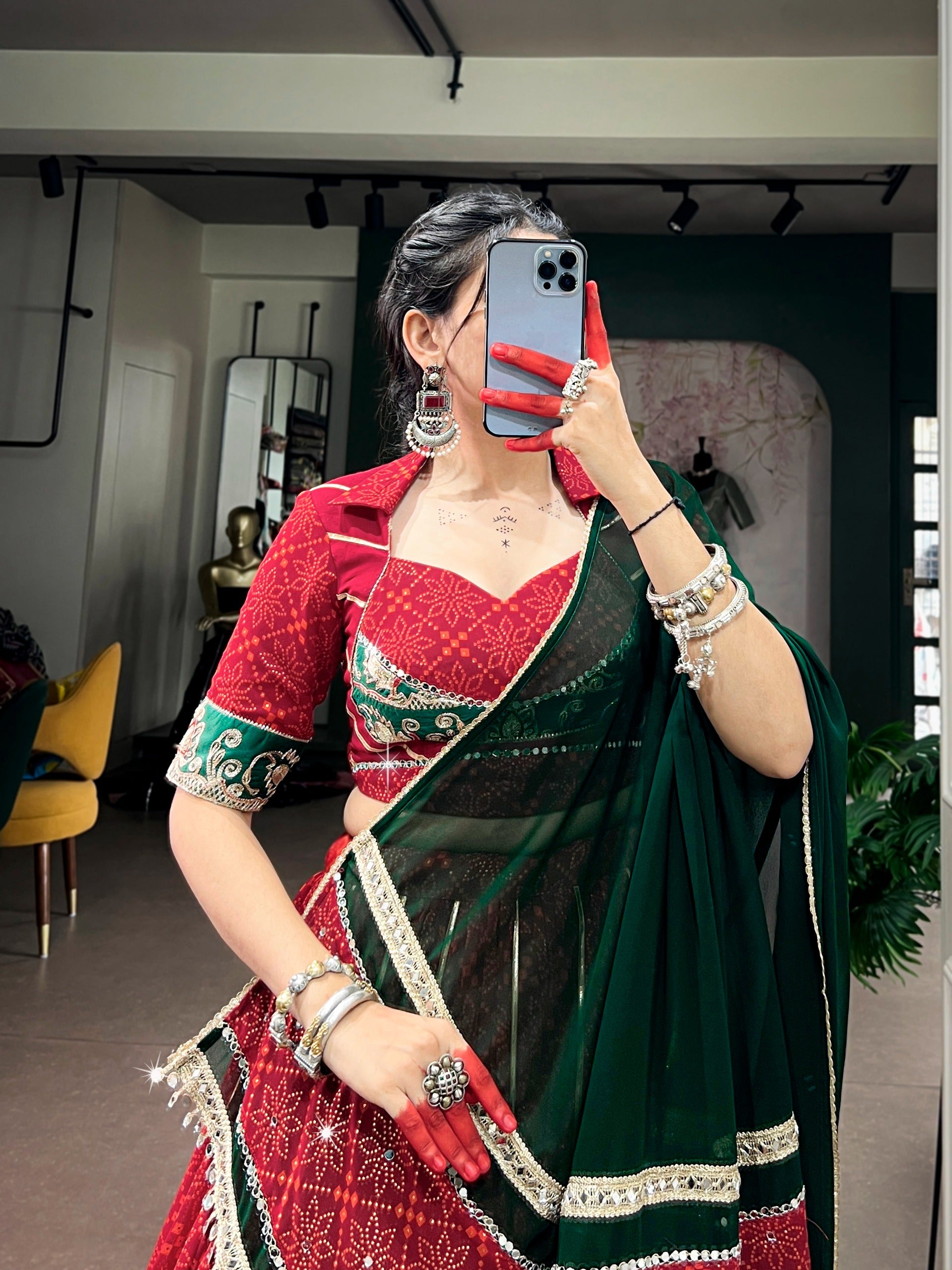 Red Georgette Bandhej Print Lehenga Set | Tulip Designer
