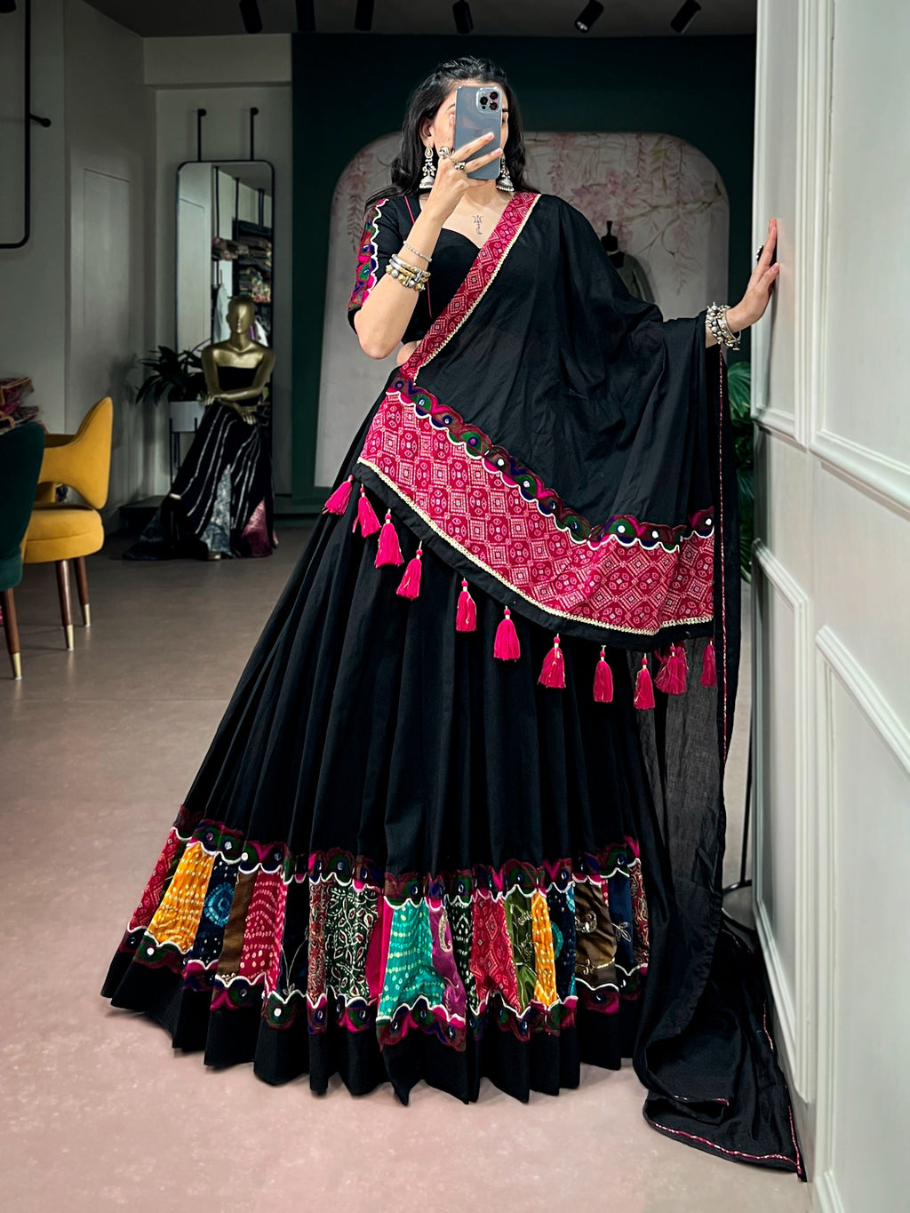 Black Cotton Gamthi Lehenga For Navratri | Tulip Designer