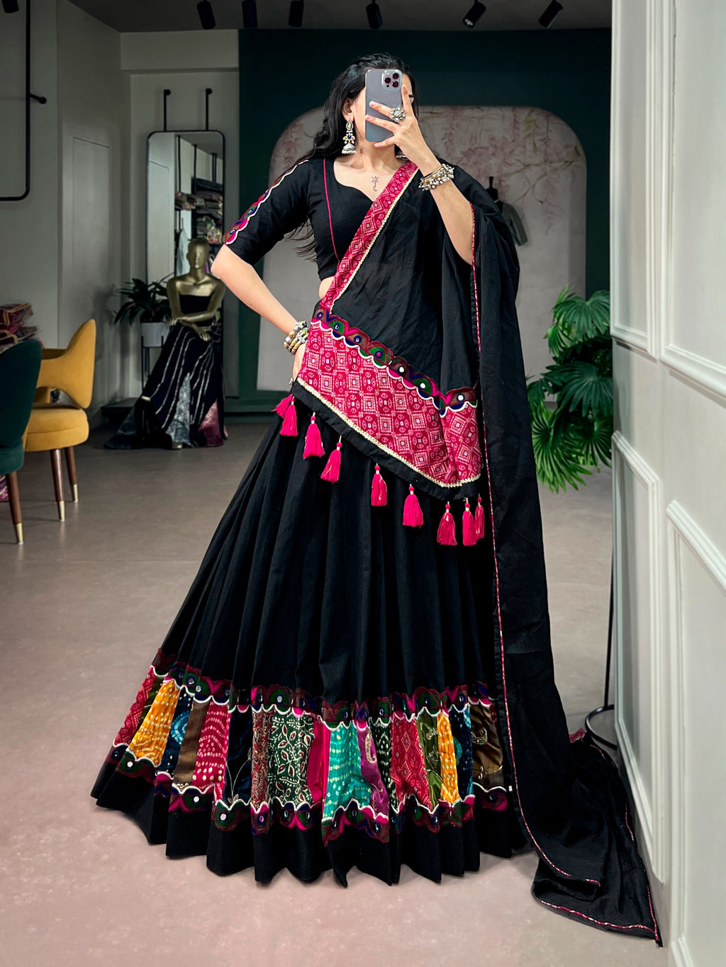 Black Cotton Gamthi Lehenga For Navratri | Tulip Designer