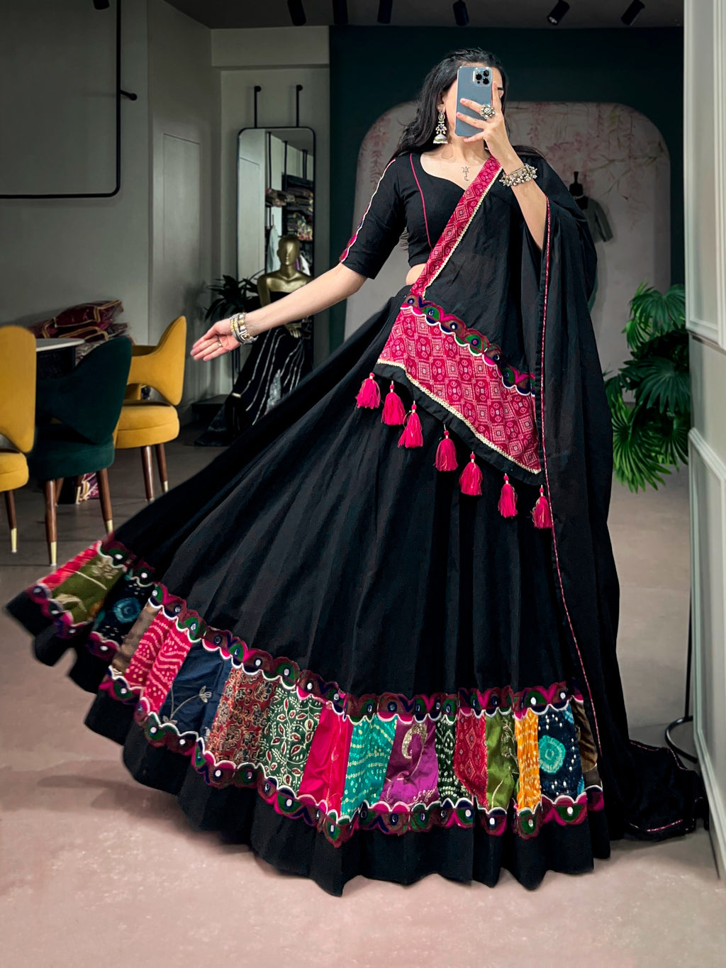 Black Cotton Gamthi Lehenga For Navratri | Tulip Designer