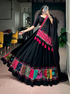 Black Cotton Gamthi Lehenga For Navratri | Tulip Designer