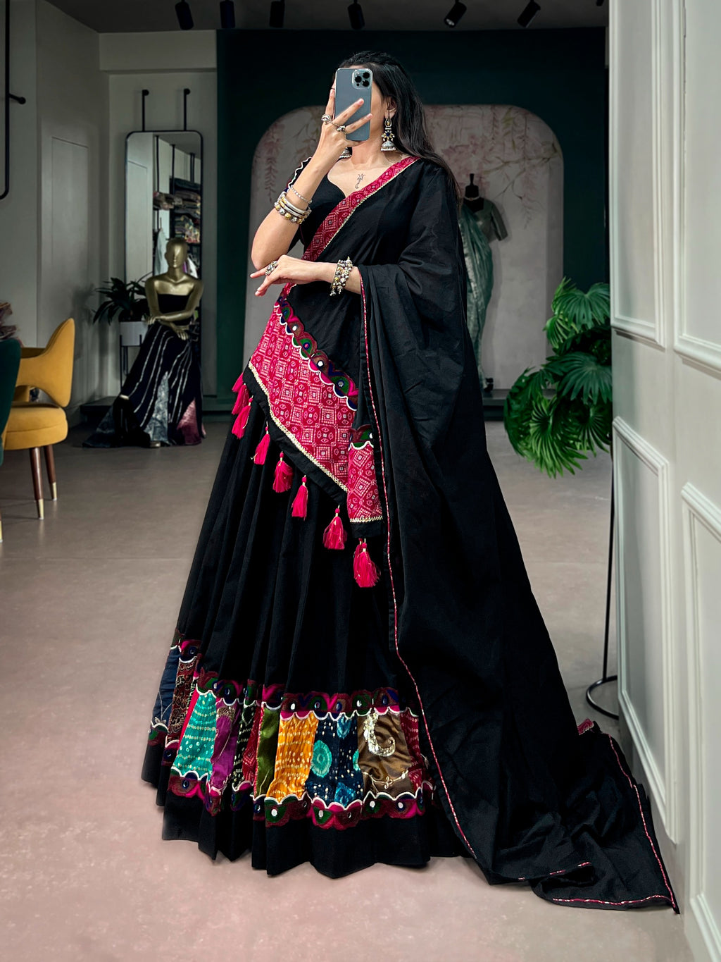 Black Cotton Gamthi Lehenga For Navratri | Tulip Designer
