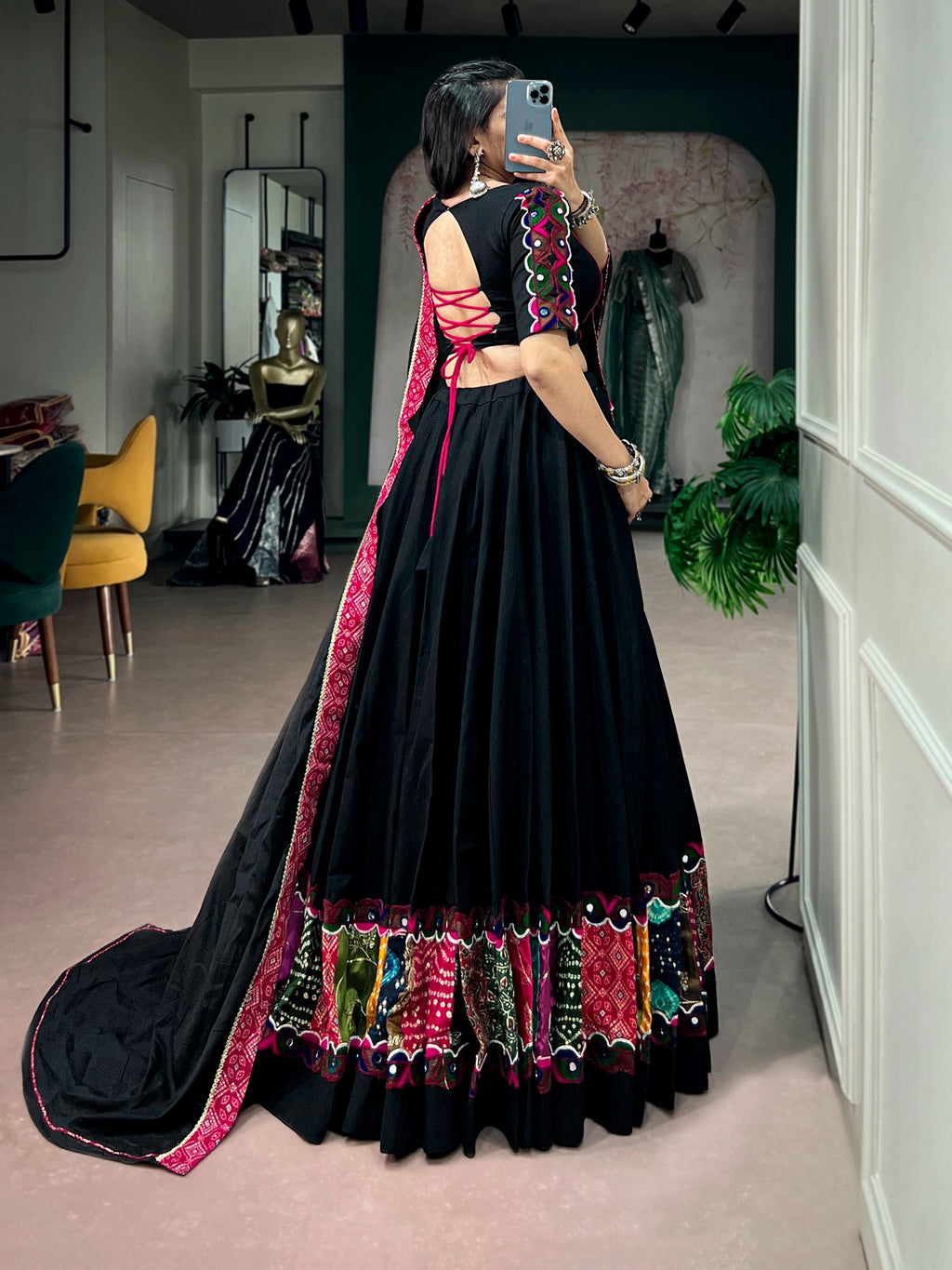 Black Cotton Gamthi Lehenga For Navratri | Tulip Designer