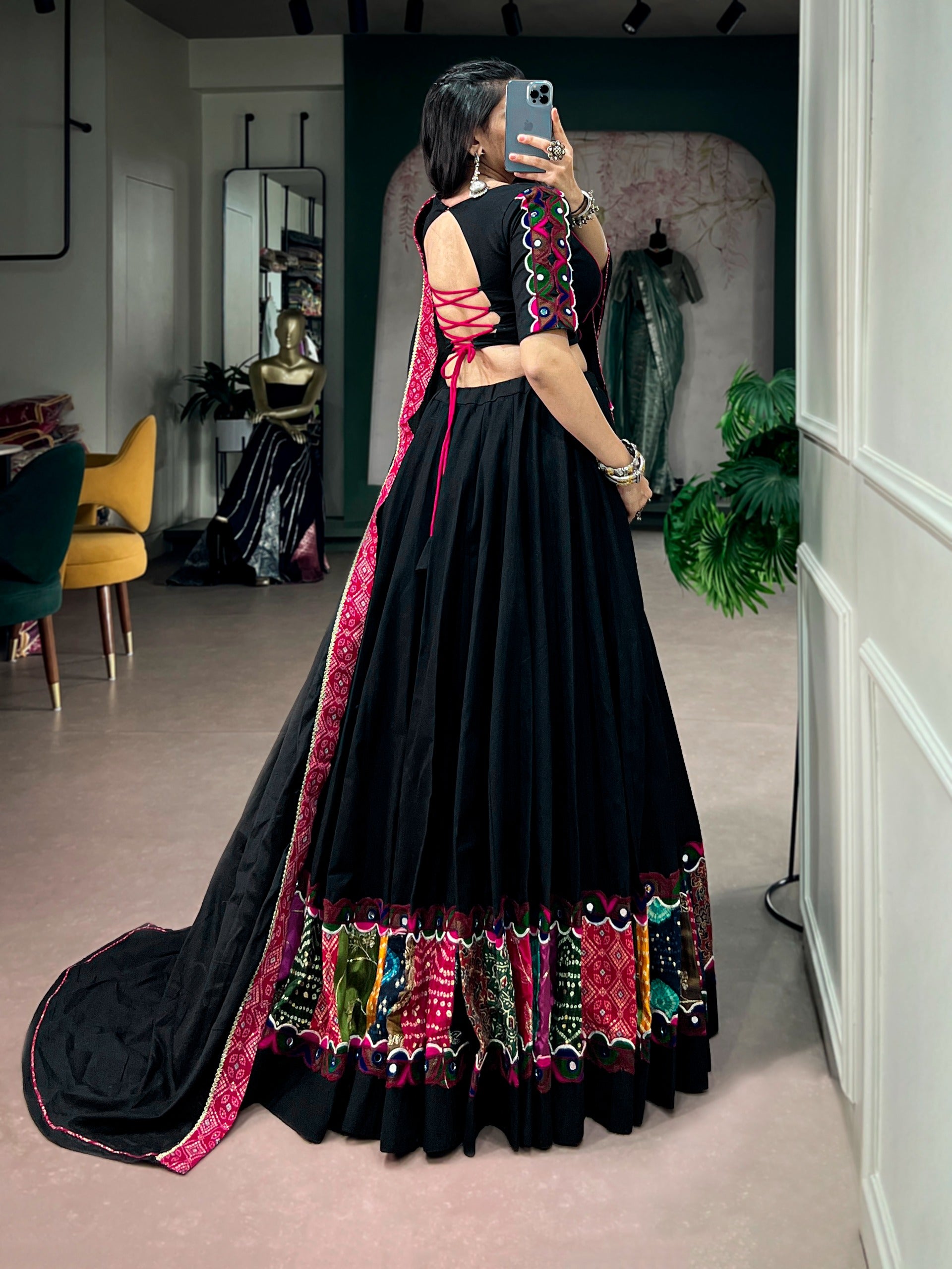 Black Cotton Gamthi Lehenga For Navratri | Tulip Designer