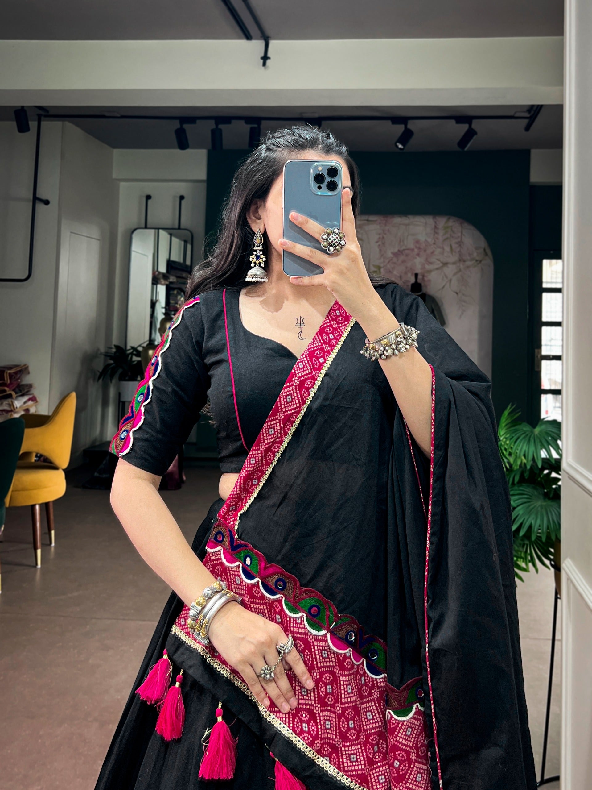 Black Cotton Gamthi Lehenga For Navratri | Tulip Designer